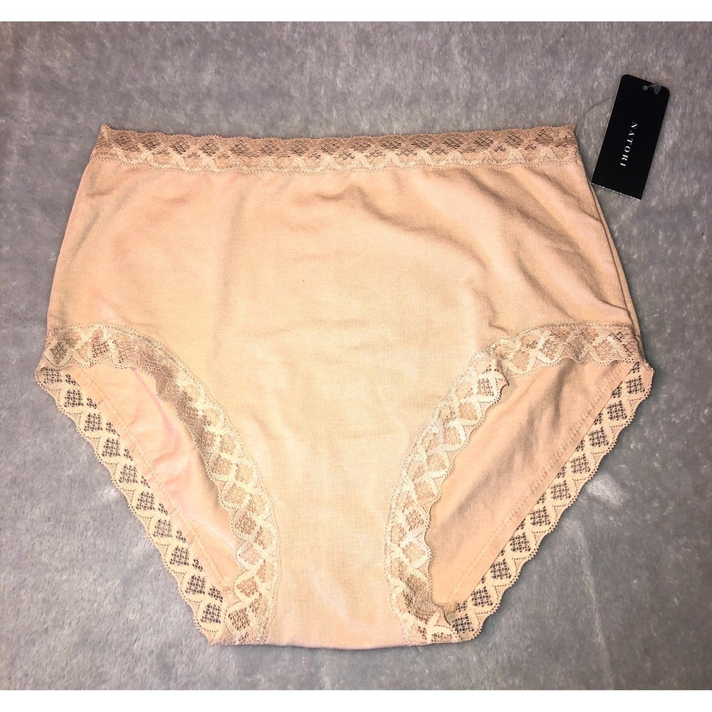 Natori‎ Bliss Brief Panty Womens Small Cafe Beige Lace Trim Pima Cotton 755058